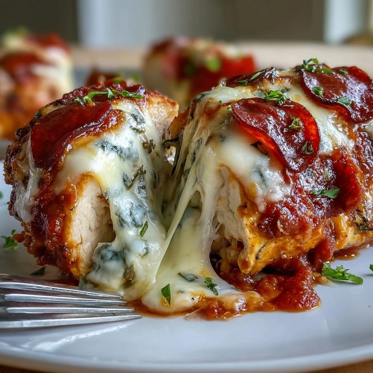 Low-carb pizza-stuffed chicken breasts filled with marinara, mozzarella, and pepperoni, served hot from the oven.  