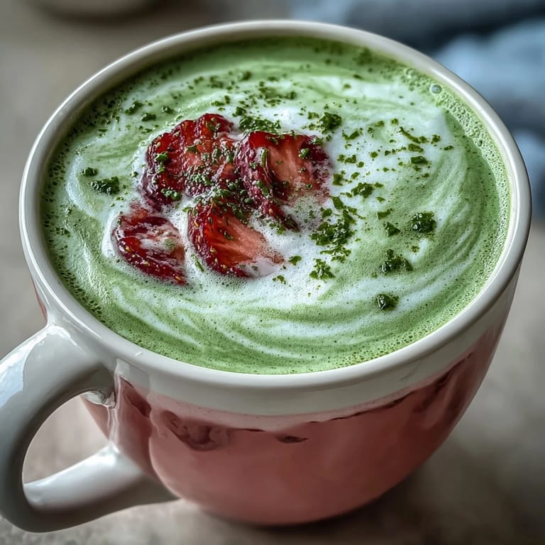 Fragrant matcha latte layered over sweet strawberry purée, served in clear glass mugs for a beautiful color contrast and comforting aroma.