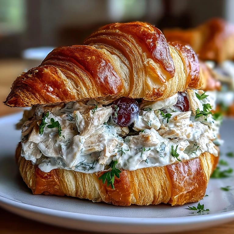 Classic chicken salad with grapes and herbs layered generously inside buttery croissants, perfect for outdoor dining.