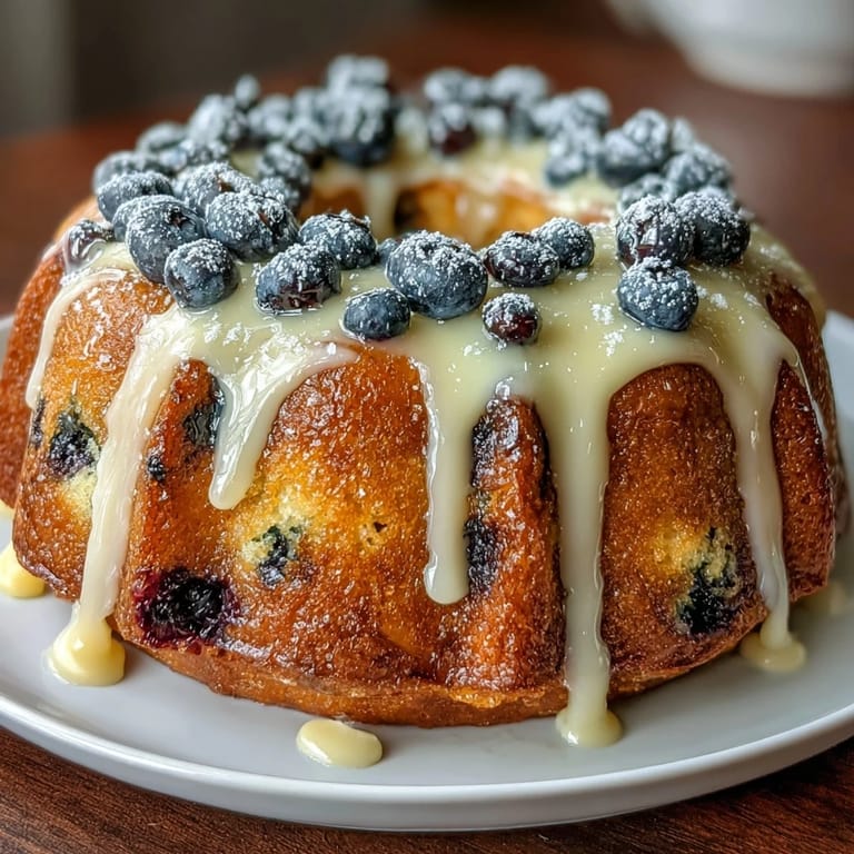 Fluffy mini bundt cakes featuring a tender sourdough crumb, studded with juicy blueberries and topped with a zesty lemon glaze.