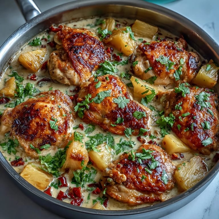 Tropical-inspired chicken pineapple coconut curry simmered in one pan with aromatic spices, sweet pineapple, and rich coconut milk.