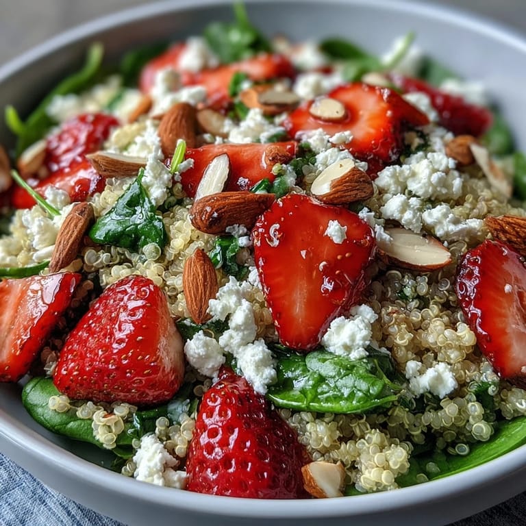 Colorful quinoa salad with juicy strawberries, creamy feta, and crunchy almonds, drizzled with tangy balsamic vinaigrette for a refreshing vegetarian meal.