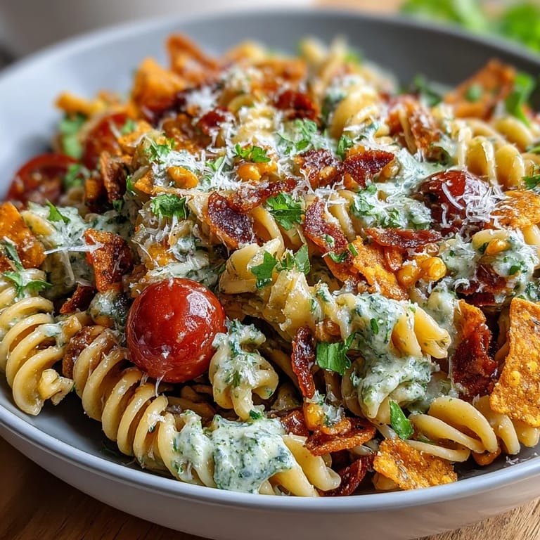 Creamy avocado ranch coats taco pasta salad with Doritos, black beans, and cherry tomatoes for bold flavor.