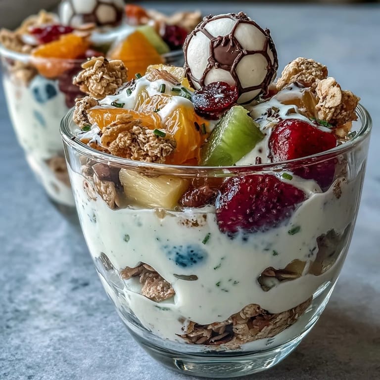 3. Soccer Team Snack Cups with Fruit and Granola - individual cups featuring mixed berries, diced pineapple, and crunchy granola over vanilla yogurt, ideal for game day.