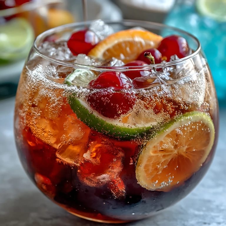 A colorful party punch featuring scoops of fruity sherbet melting into chilled Sprite and pineapple juice, garnished with citrus slices.