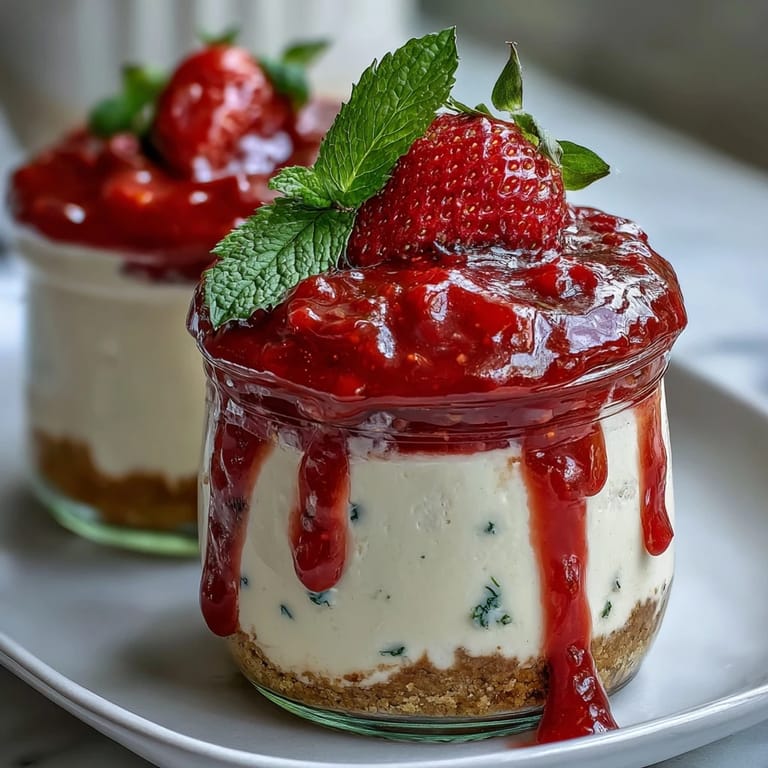 Individual No-Bake Strawberry Cheesecake Jars with buttery graham cracker base and bright fruit garnish.