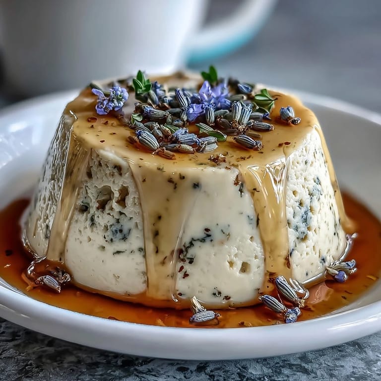 Aromatic honey lavender panna cotta in a glass, topped with a swirl of honey and delicate lavender buds.