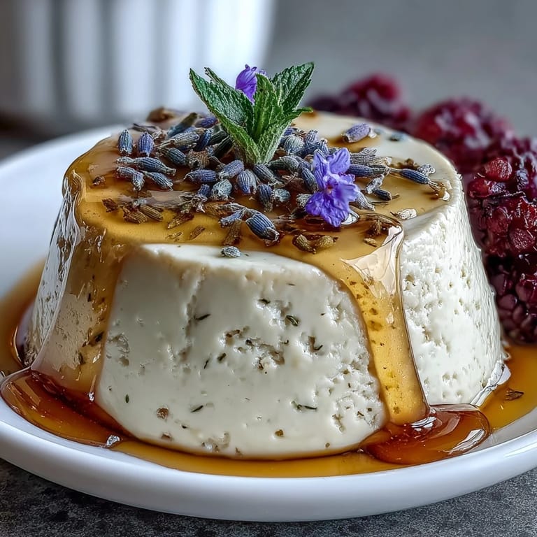 Creamy honey lavender panna cotta with a soft, floral aroma, served with a honey glaze and seasonal berries.
