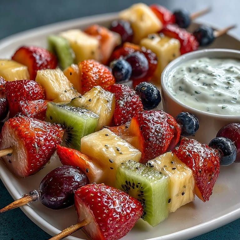 Brightly arranged rainbow fruit skewers featuring strawberries, pineapple, kiwi, and grapes served with a luscious honey yogurt dip.