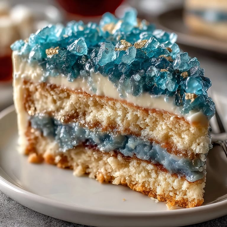 Showstopping graduation dessert featuring a carved teal and gold geode design with shimmering sugar crystals and metallic leaf.