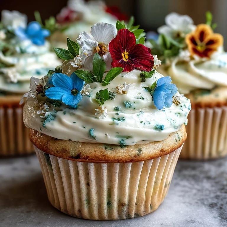 Spring cupcakes adorned with buttercream and fresh edible flowers, perfect for a light and elegant dessert.