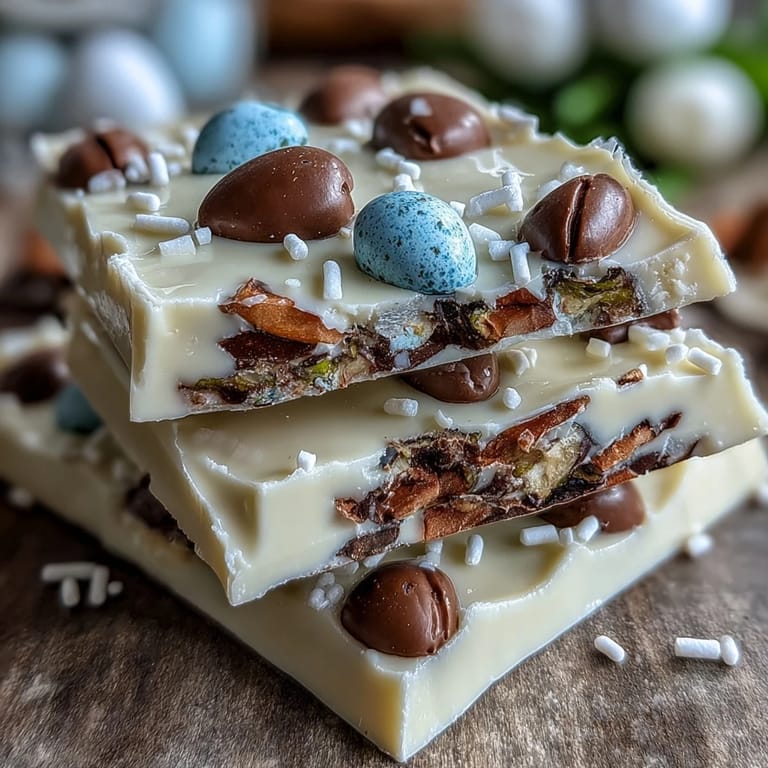 Colorful white chocolate bark featuring crunchy pistachios and pastel Easter eggs for a sweet holiday treat.