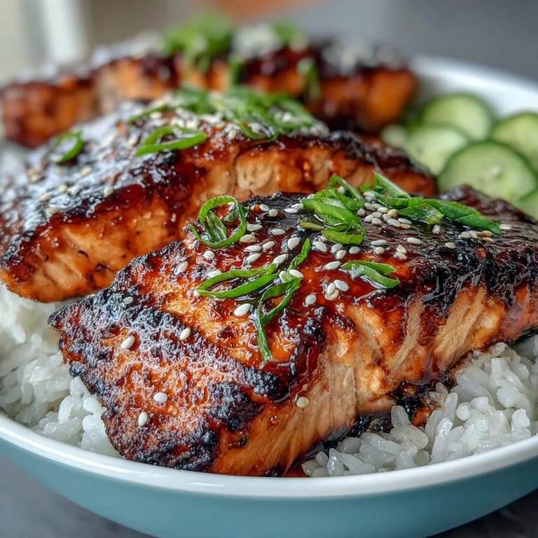 Glazed teriyaki salmon over fluffy rice, topped with edamame, cucumber, and sesame seeds for a fresh, balanced bowl.