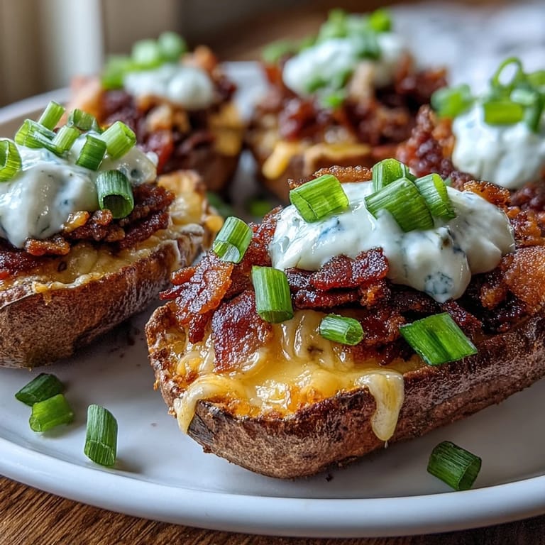 Twice-baked sweet potato skins filled with smoky bacon, creamy sour cream, and melted cheddar—ideal for parties or casual get-togethers.