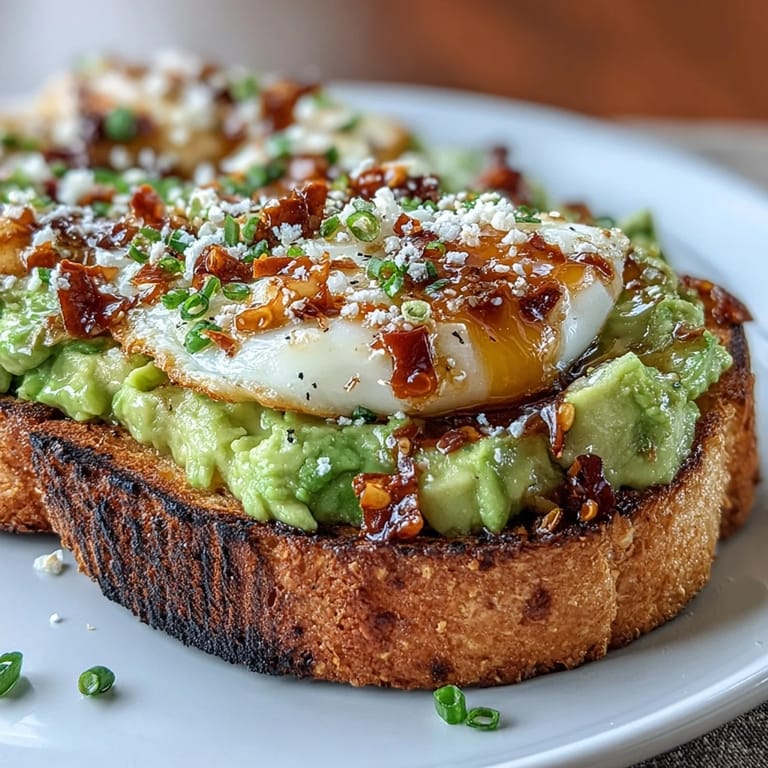 Avocado toast topped with chili crisp, poached egg, and fresh herbs for a flavorful, satisfying breakfast.