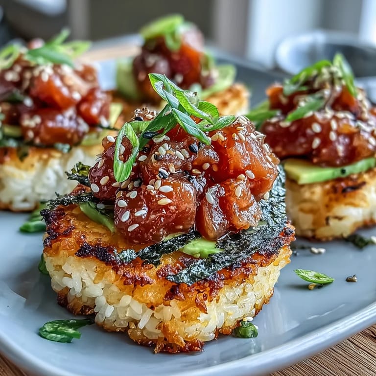 Delicate, pan-fried rice bites crowned with bold, creamy spicy tuna and fresh green onion garnish.  