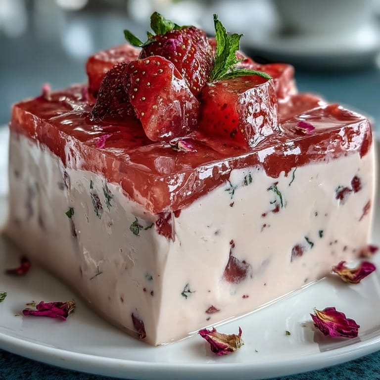 Elegant ring cake with layers of strawberry and rose gelatin suspended in silky cream, offering a fragrant, refreshing taste with every slice.