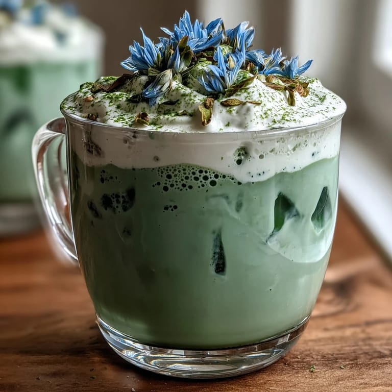 Elegant iced matcha latte with creamy vanilla foam, a delightful Mother's Day treat.