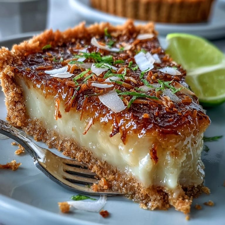 Zesty lime and sweet coconut filling in a crisp graham cracker crust, perfect for summer dessert tables.