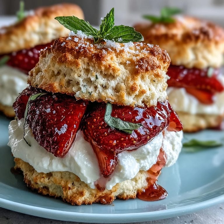 Golden shortcake biscuits layered with basil-infused strawberries and fluffy vanilla whipped cream for a refreshing twist.  