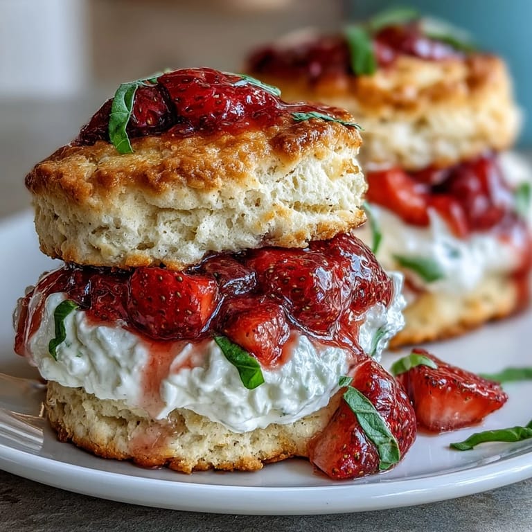 Homemade biscuits filled with sweet strawberries, fragrant basil, and rich whipped cream for a summery dessert treat.