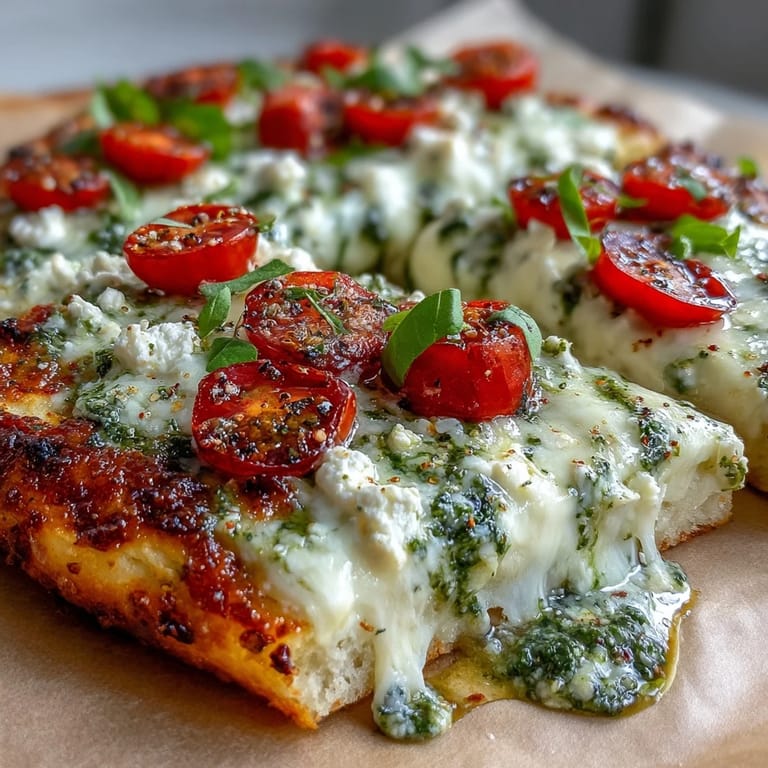 High-protein cottage cheese flatbread with fresh pesto and ripe tomatoes, baked to golden perfection and garnished with basil leaves.