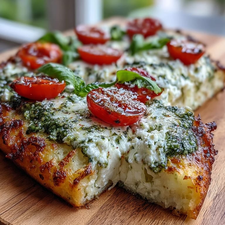 Light and savory cottage cheese flatbread spread with pesto, topped with halved cherry tomatoes, and sprinkled with parmesan and black pepper.