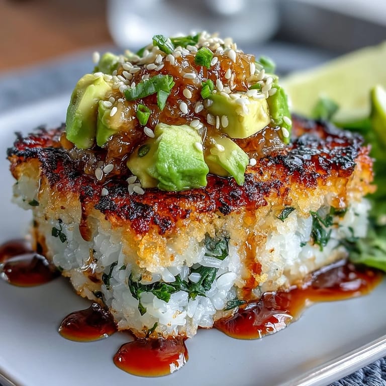 Golden fried rice squares topped with spicy tuna and fresh avocado, surrounded by vibrant cucumber and radish slices in a fusion-style dish.  