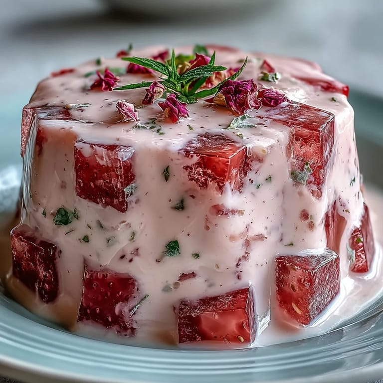 Beautiful dessert featuring jewel-toned gelatin cubes in creamy vanilla milk base, ideal for festive gatherings and impressing guests with its artful presentation.