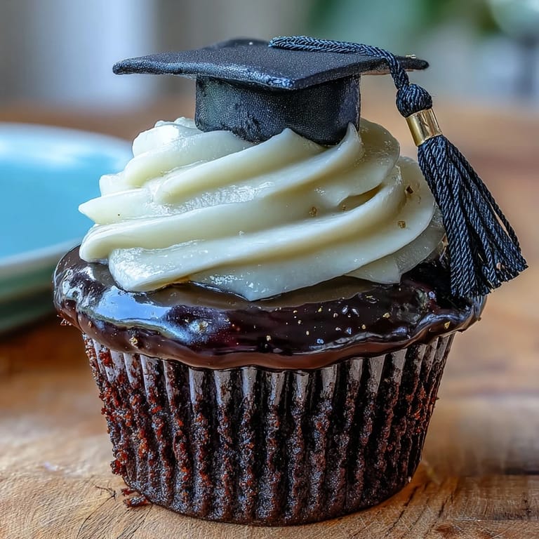 Delicious vanilla cupcakes decorated with creamy buttercream frosting and edible black and gold fondant graduation caps for festive celebrations.