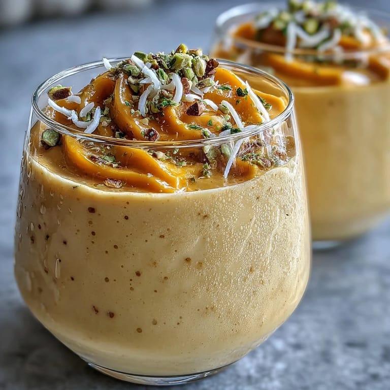 Vibrant mango lassi smoothie, a chilled, sweet yogurt drink with a hint of spice.