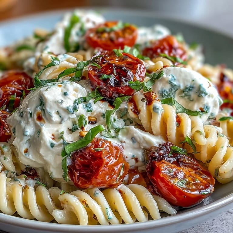 Colorful Summer Caprese Pasta with burrata, ready to enjoy alfresco and fast.