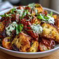 Colorful sourdough panzanella salad with heirloom tomatoes, basil vinaigrette, and mozzarella, perfect for summer meals.
