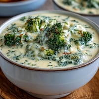 Creamy broccoli cheddar soup lightened with Greek yogurt, topped with extra cheddar and served with crusty bread.