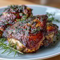Herb roasted chicken thighs with baby potatoes and carrots, golden and juicy, served on a rustic sheet pan.  