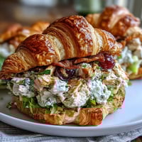Picnic Chicken Salad Croissant Sandwiches with juicy grapes and creamy dressing served on flaky croissants.  
