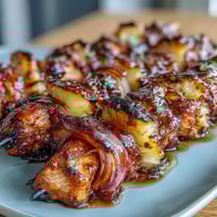 Juicy BBQ chicken and sweet pineapple skewers with charred red onion, perfect for summer grilling and outdoor gatherings.
