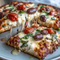 Low carb cottage cheese flatbread pizza with melted mozzarella, olives, and cherry tomatoes on a golden crust.