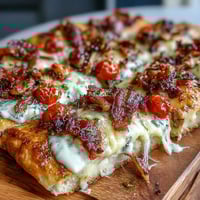 Kentucky Derby Hot Brown Flatbread Pizza with roasted turkey, crispy bacon, and creamy Mornay sauce on golden crust.