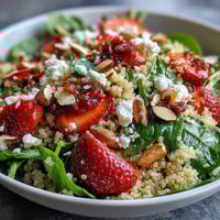A vibrant bowl of strawberry feta quinoa salad with fresh spinach and balsamic dressing, perfect for a light lunch or spring gathering.