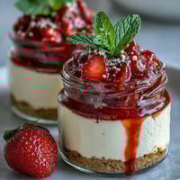 No-Bake Strawberry Cheesecake Jars filled with creamy layers and fresh strawberry compote in glass jars.