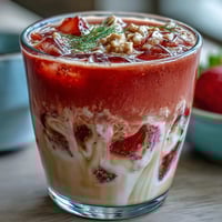 Vibrant strawberry matcha latte with oat milk, featuring bright red strawberry puree and creamy green matcha layers in a chilled glass.