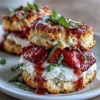 Buttery strawberry basil shortcake biscuits topped with fresh whipped cream and juicy macerated strawberries.  