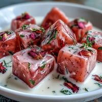Vibrant cubes of strawberry and rose gelatin nestled in creamy vanilla base, creating a stunning mosaic dessert perfect for summer celebrations.
